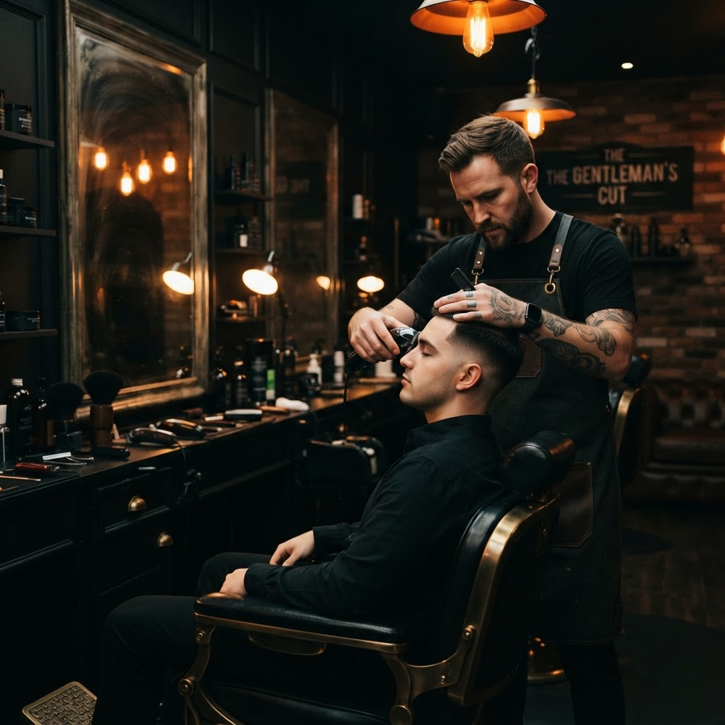 Barber giving a sharp haircut in an upscale barbershop