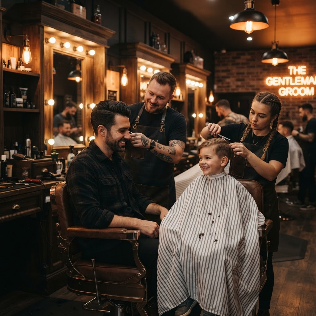A father and son getting haircuts together